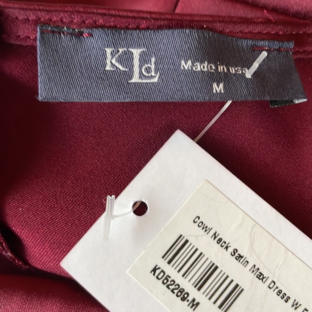 KLD wine colored satin stretch cowl neck - high slit maxi dress NWT size M - Picture 11 of 12